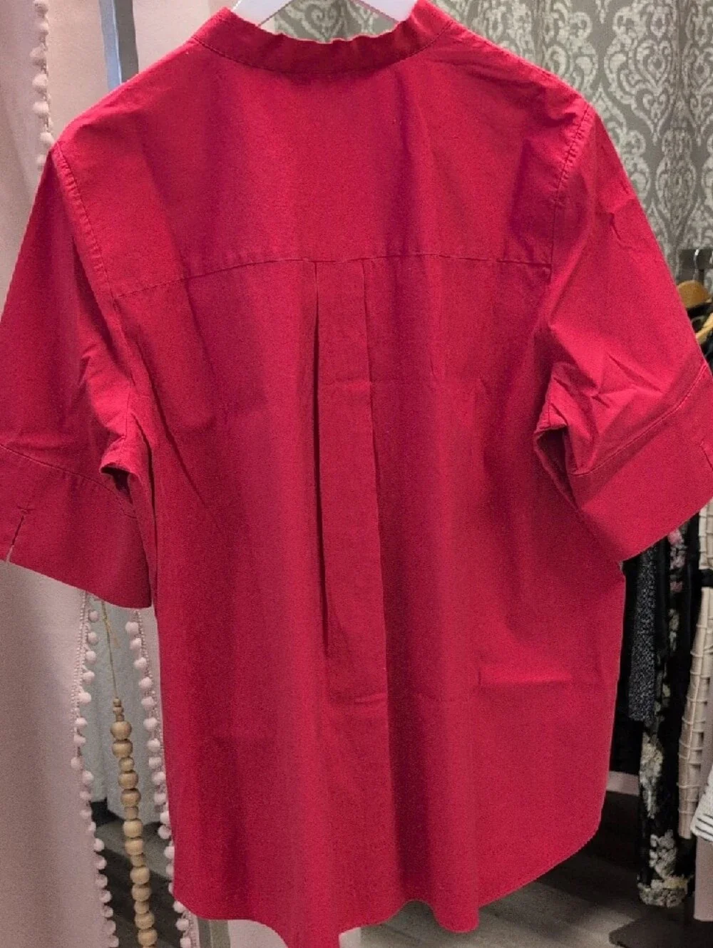 Lafayette 148 New York Bold Red Short-Sleeve Band-Collar Button-Down - Picture 7 of 8